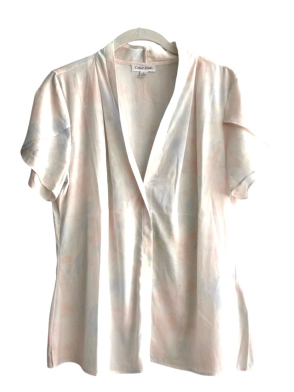 Calvin Klein Short Sleeve Blouse Pastel Watercolor Print Cream Size L